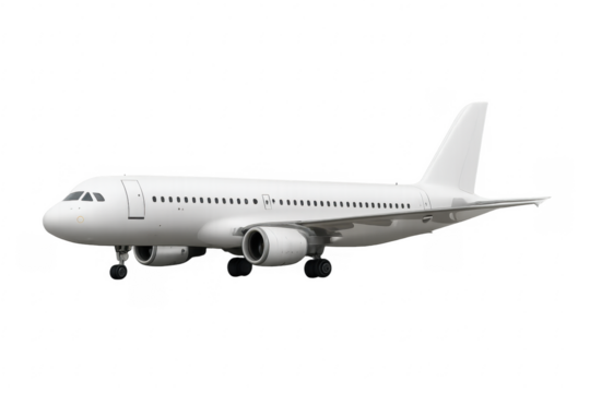 White commercial airplane preparing for takeoff on transparent background