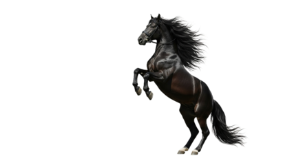 Black horse rearing up on hind legs isolated against a white background.