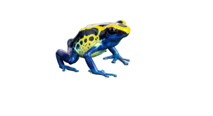 Blue yellow poison dart frog sits on a green leaf isolated.