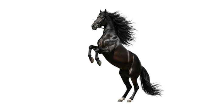 Black horse rearing up on hind legs isolated against a white background.