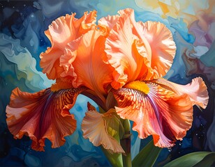 Close-up of a vibrant orange-peach iris, painted in a style that combines realism with abstract elements