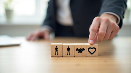 Executive Placing Wooden Block with Handshake and Heart Icon into Group of People

