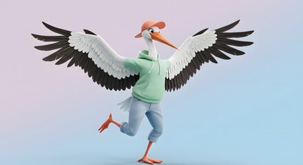 A charming 3d stork character with open wings, sporting a green hoodie, jeans, and a baseball cap, captured in a dynamic pose on a gradient backdrop