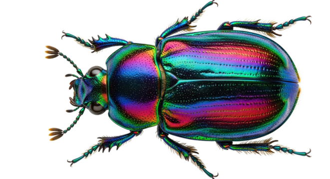 Iridescent beetle with rainbow colors isolated on white background close-up.