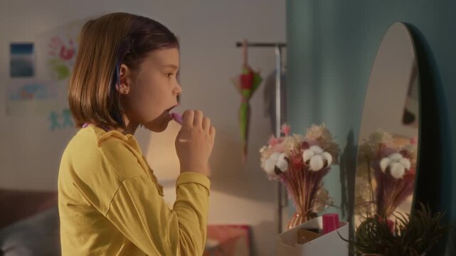 Side view shot of cute little girl entering frame and putting on pink lipstick while looking in mirror at home with happy smile