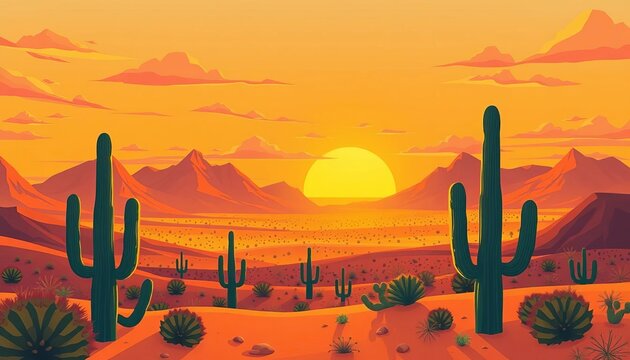 Flat cartoon desert sunset panorama, mountains, cacti , sky, sunset