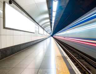 Fototapeta premium Busy subway station with moving train and illuminated tunnel space