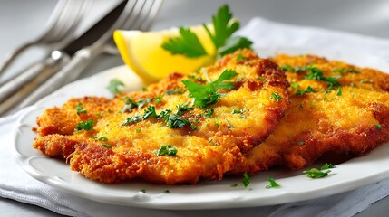 German schnitzel isolated on an elegant white plate, golden breaded cutlet