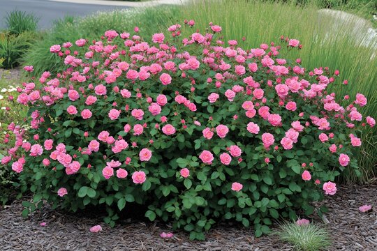 Abundant Pink Rose Bush Blooming in Garden - Powered by Adobe