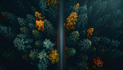 A high-angle perspective captures a road cutting through a vibrant, diverse forest, showcasing autumn foliage