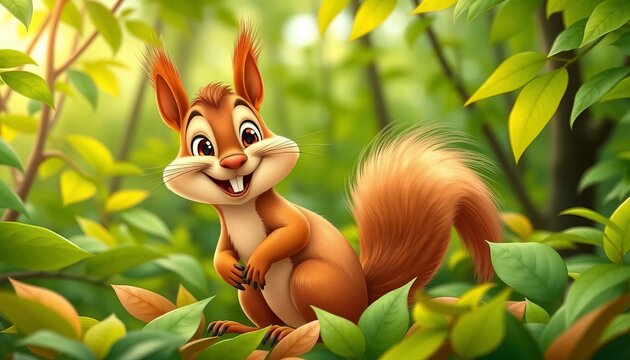 Smiling cartoon squirrel in vibrant green forest, playful pose among leaves,  whimsical,  summer - Powered by Adobe