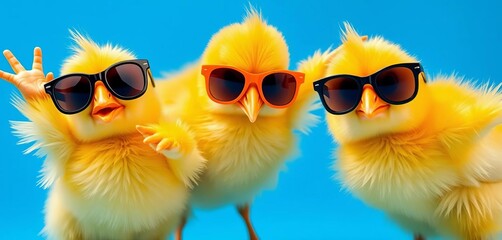 Three yellow chicks in sunglasses, playful pose, vibrant blue backdrop, design, bird