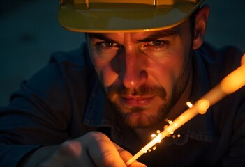 Intense craftsman in yellow hard hat focused on sparks from welding torch, embodying dedication and skilled labor during intense work