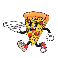 Retro Cartoon Running Pizza Slice Mascot Delivering Fast Food in Vintage Style with Delivery Boxes