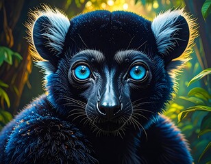 Obraz premium Close-up of a black lemur with striking blue eyes. Jungle setting