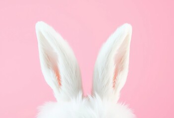 Fototapeta premium Two fluffy white bunny ears playfully emerge from a soft pink background, rabbit, whimsical