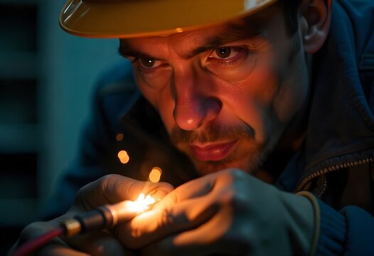 Intense craftsman intently welding metal with bright sparks illuminating his focused face, conveying dedication and skill in industrial work.