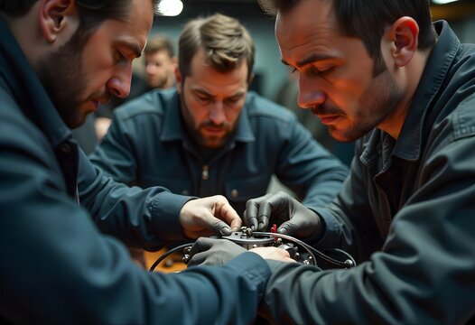 Dedicated mechanics collaborating intensely on complex machinery, hands meticulously working together in a focused, industrial workshop setting