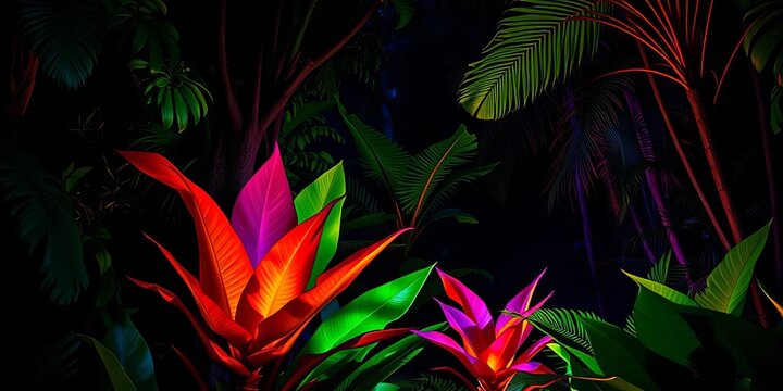 Vibrant tropical plants illuminate a dark, glowing forest backdrop,  fantasy,  bright