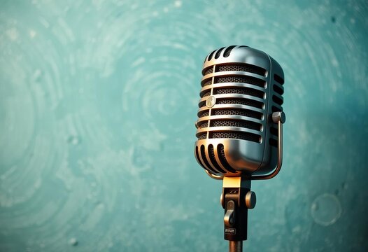 Vintage microphone on textured background, ideal for podcast or radio broadcast themes,   brown,  theme