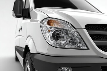 A detailed close-up of the front of a white van, showcasing its headlight and design elements, perfect for transportation and automotive industry-related visuals.