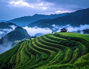 Serene vista of terraced rice paddies nestled in a misty mountain valley at dawn, a small house perched atop the highest terrace