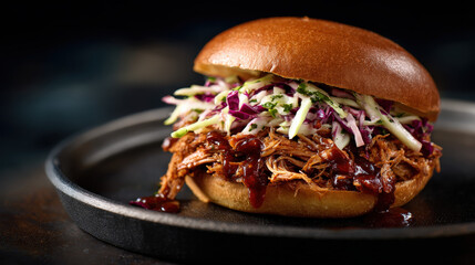 Close-up shot of a delicious pulled pork sandwich on a plate, enticing the viewer with its mouthwatering appearance. The sandwich has a toasted bun with a slaw topping and bbq sauce oozing out 