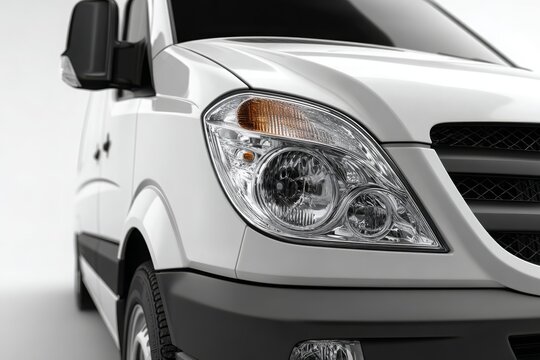 A detailed close-up of the front of a white van, showcasing its headlight and design elements, perfect for transportation and automotive industry-related visuals.
