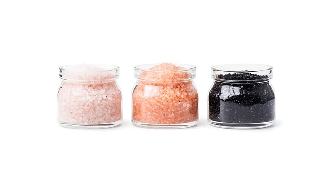 Three jars of assorted salts, including pink and black, isolated on white background