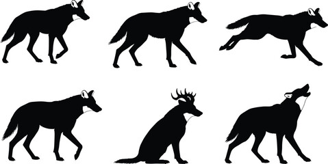 Wolf silhouette collection, wild animal vector, walking wolf, running wolf, standing wolf, sitting wolf, howling wolf, mythical antler creature, cad drawing flat vector illustration