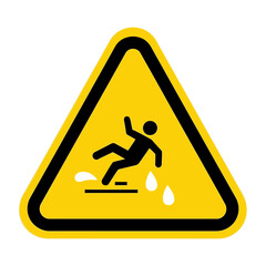 Warning sign for wet floors and slippery surfaces. Bright yellow triangle with black silhouette of a person falling, alerting to potential slip hazards and promoting safety caution