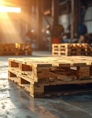 Sunlit warehouse interior featuring three wooden pallets; one in focus in the foreground, others blurred in background