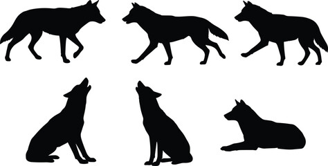 Wolf silhouette collection, wild animal vector, standing wolf, walking wolf, sitting wolf, howling wolf, resting wolf, predator design, cad drawing flat vector illustration