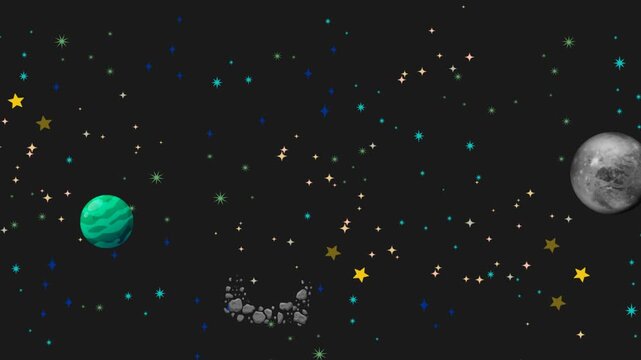 Animated space background with colored stars, planets.