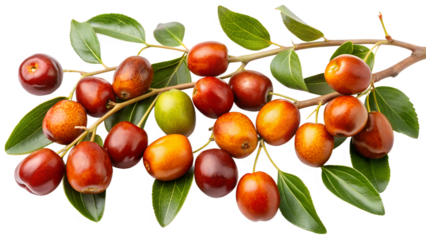 Jujubes on a branch isolated on transparent background, showcasing their smooth skin and vibrant colors, a delightful treat that embodies the essence of autumns bounty