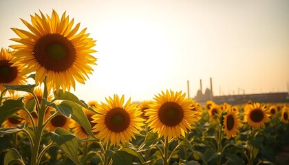 Obraz premium Sun-drenched sunflowers contrast starkly with nearby industrial structures, golden, industry