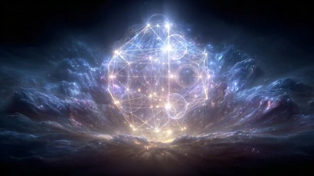 Abstract Geometric Design Emerging from Ethereal Clouds and Sparkling Light Video