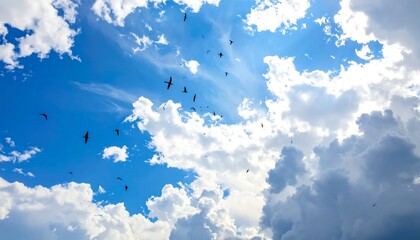 Blue sky with fluffy white clouds and birds