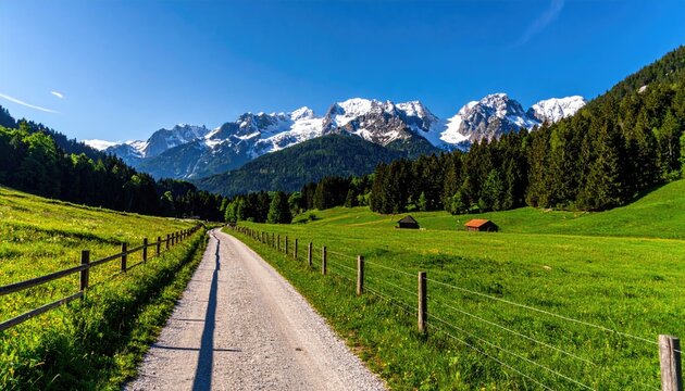 Scenic gravel path meanders through verdant alpine meadow towards snow-capped mountains under a bright blue sky; rustic cabin nestled in the landscape - Powered by Adobe