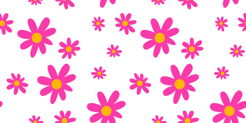 Hand drawn colorful floral vector seamless pattern in pink color, childish style. Fun doodle flower illustration. For textile, fabric,  wallpaper design.
