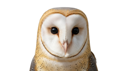 Barn owl head close up on white background looking directly at viewer.