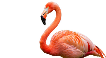 Obraz premium Flamingo bird with pink feathers and long neck against a white background.