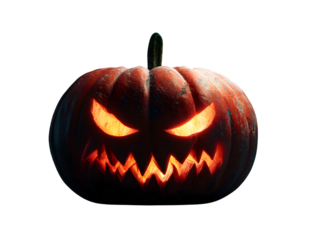 Angry Halloween pumpkin jack-o’-lantern with glowing eyes and sharp teeth isolated on transparent background, spooky bold vector illustration