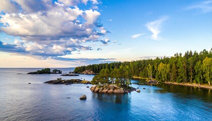 Fototapeta premium Scenic lake vista with islands and lush forest