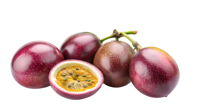Passion fruit isolated on transparent background, showcasing the vibrant purple skin and juicy yellow pulp of the tropical fruit in a fresh and appetizing composition