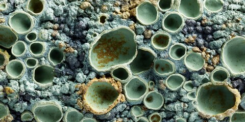 Rock with many small holes in it. The holes are green and brown. The rock is very large