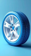 A single, stylish car tire with a blue-rimmed wheel and white spokes against a light blue background, showcasing its tread and design