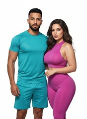 Obraz premium Athletic couple in vibrant activewear posing for a professional studio photography mockup, showcasing fitness apparel for sportswear advertisements and promoting a health-conscious lifestyle