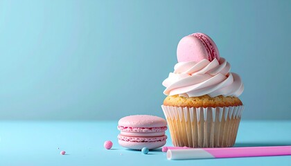 A pastel pink cupcake topped with a macaron, accompanied by another macaron and a striped straw on a light blue surface