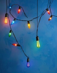 Colorful string lights with pointed and rounded bulbs hang against a textured blue backdrop